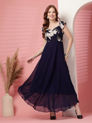 Georgette Floral Print Long Dress with Sweetheart Neck