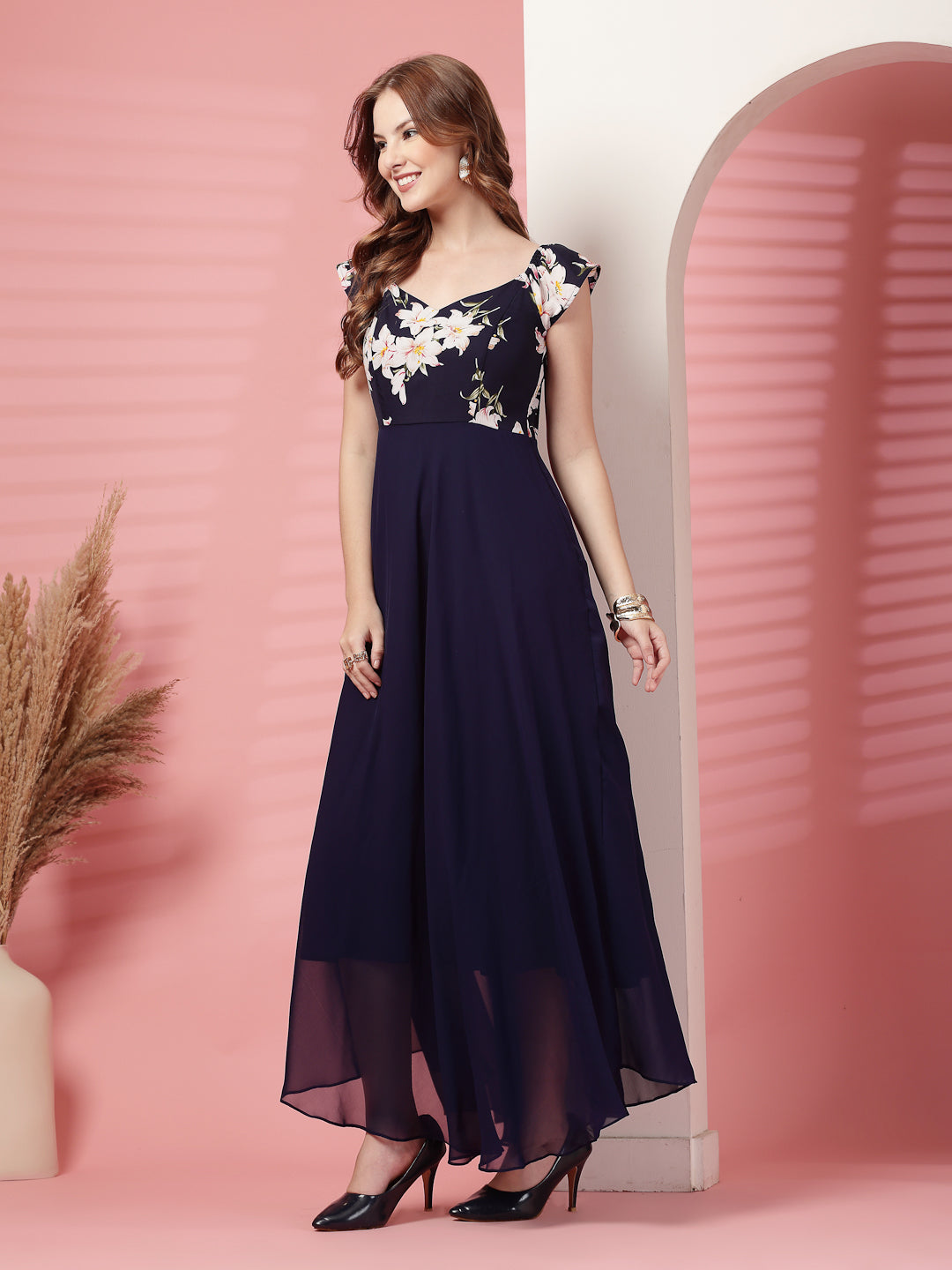 Georgette Floral Print Long Dress with Sweetheart Neck