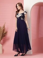 Georgette Floral Print Long Dress with Sweetheart Neck
