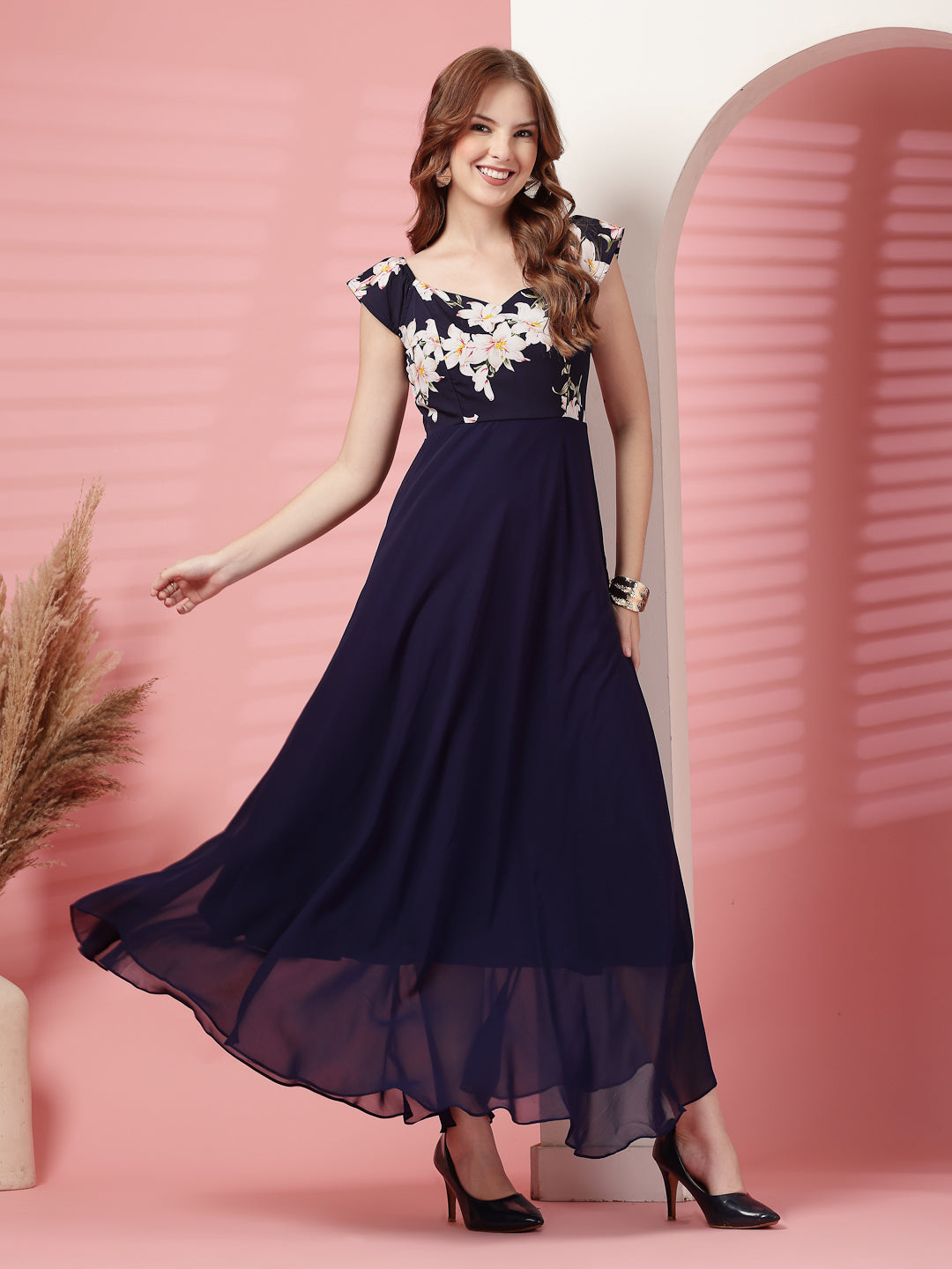 Georgette Floral Print Long Dress with Sweetheart Neck