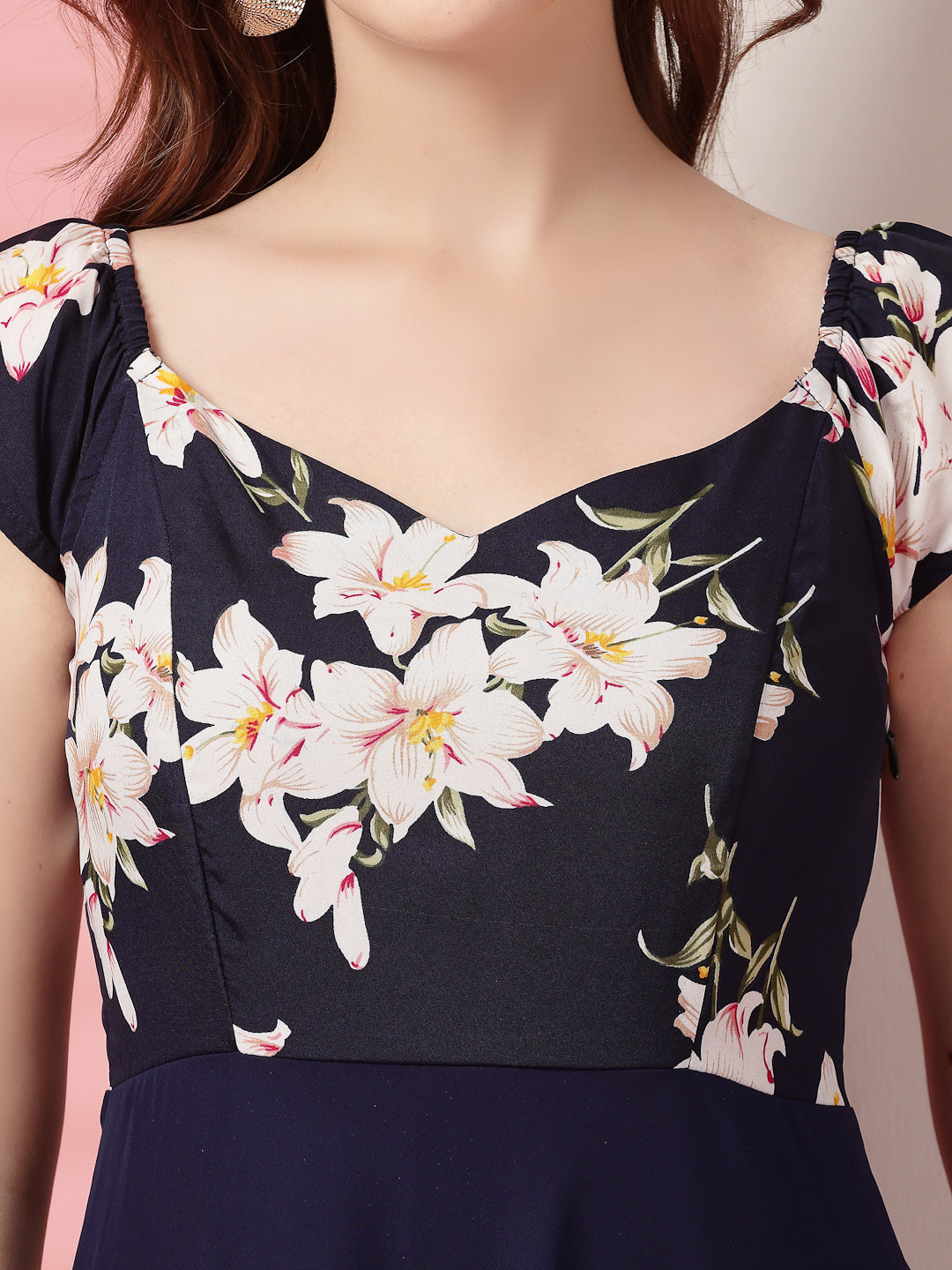 Georgette Floral Print Long Dress with Sweetheart Neck