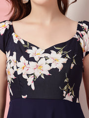 Georgette Floral Print Long Dress with Sweetheart Neck