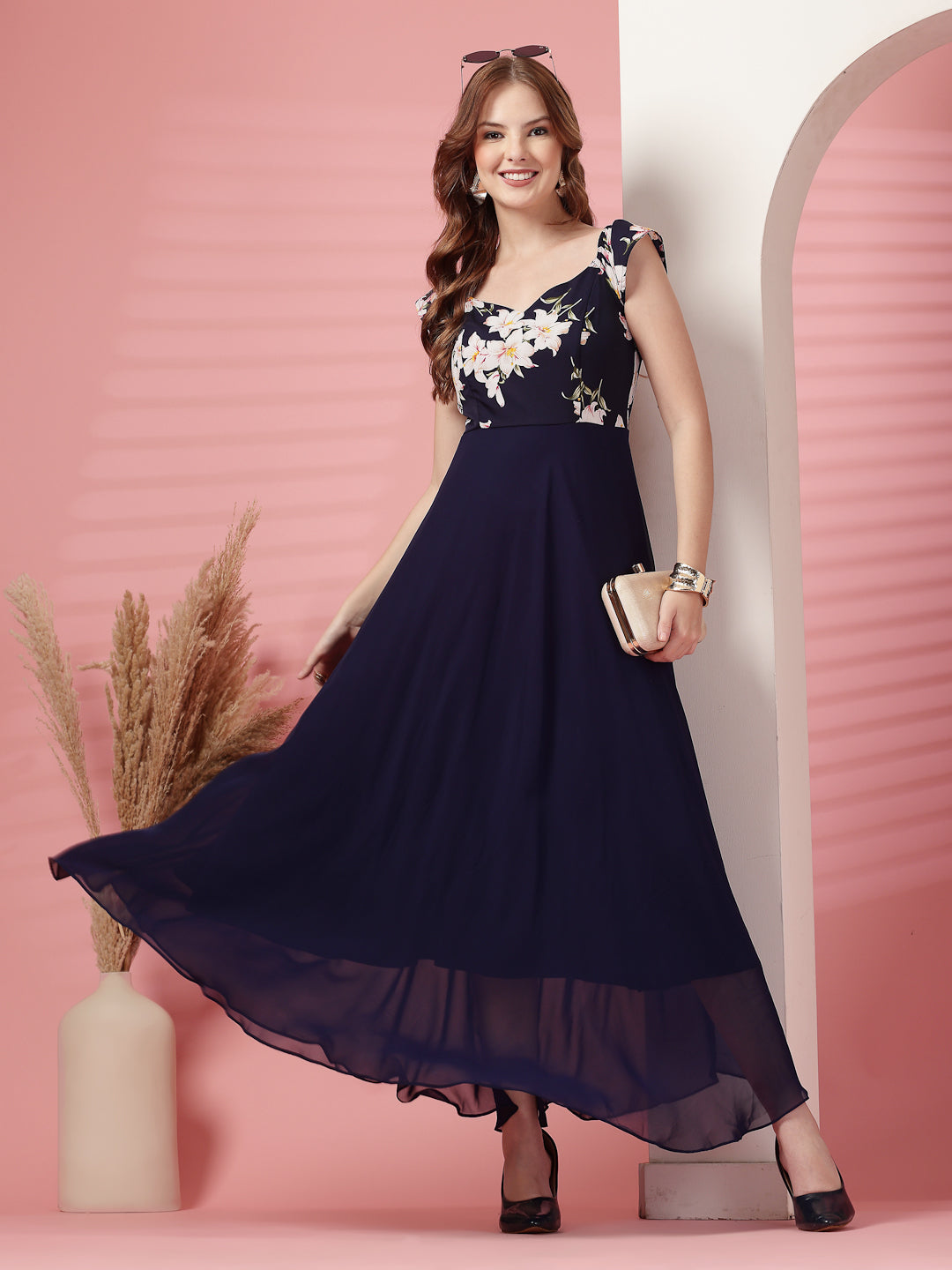 Georgette Floral Print Long Dress with Sweetheart Neck