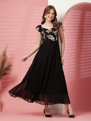 Georgette Floral Print Long Dress with Sweetheart Neck