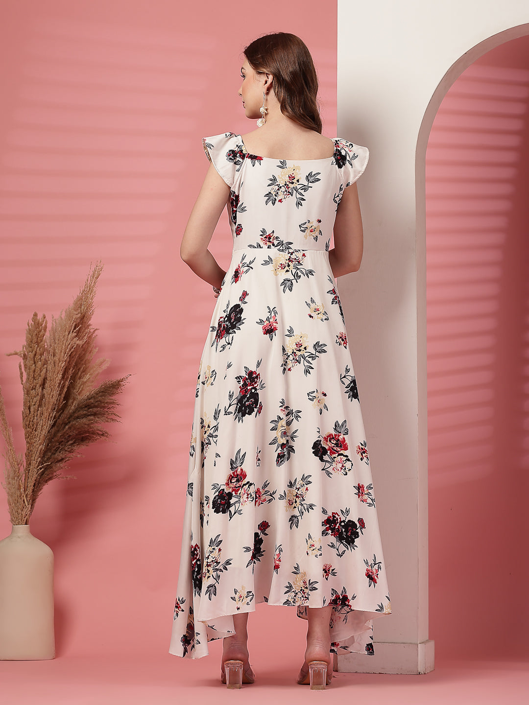 Georgette Floral Print Long Dress with Sweetheart Neck
