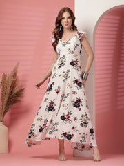 Georgette Floral Print Long Dress with Sweetheart Neck