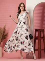 Georgette Floral Print Long Dress with Sweetheart Neck