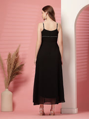 Solid Georgette Dress, Sleeveless, Striped Embroidery Pattern