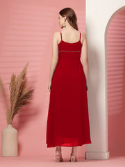 Solid Georgette Dress, Sleeveless, Striped Embroidery Pattern