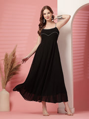 Solid Georgette Dress, Sleeveless, Striped Embroidery Pattern