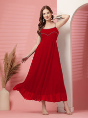 Solid Georgette Dress, Sleeveless, Striped Embroidery Pattern