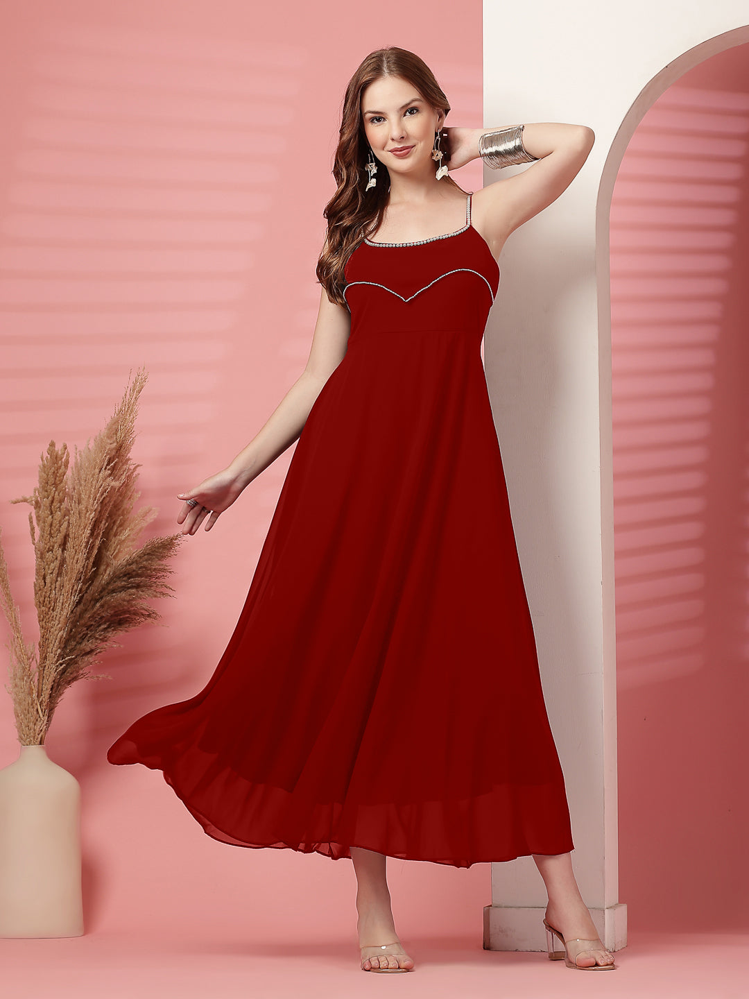 Solid Georgette Dress, Sleeveless, Striped Embroidery Pattern