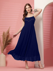 Solid Georgette Dress, Sleeveless, Striped Embroidery Pattern
