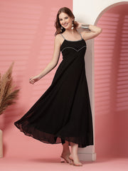 Solid Georgette Dress, Sleeveless, Striped Embroidery Pattern