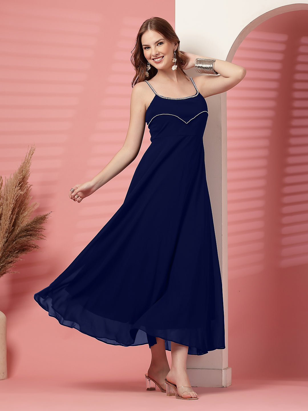 Solid Georgette Dress, Sleeveless, Striped Embroidery Pattern
