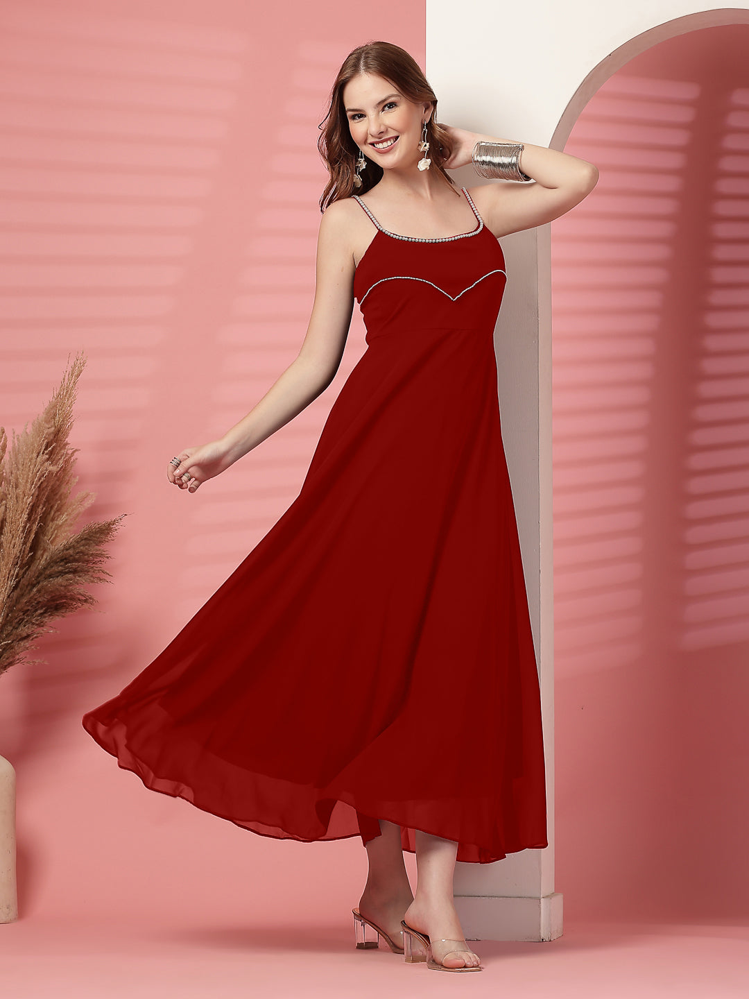 Solid Georgette Dress, Sleeveless, Striped Embroidery Pattern