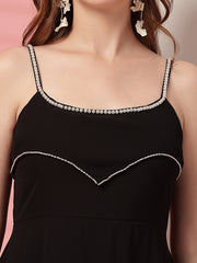 Solid Georgette Dress, Sleeveless, Striped Embroidery Pattern