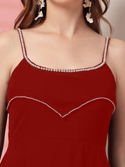 Solid Georgette Dress, Sleeveless, Striped Embroidery Pattern