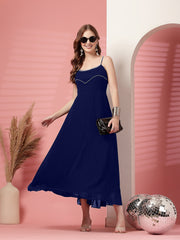 Solid Georgette Dress, Sleeveless, Striped Embroidery Pattern