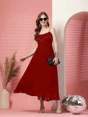 Solid Georgette Dress, Sleeveless, Striped Embroidery Pattern