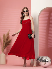 Solid Georgette Dress, Sleeveless, Striped Embroidery Pattern