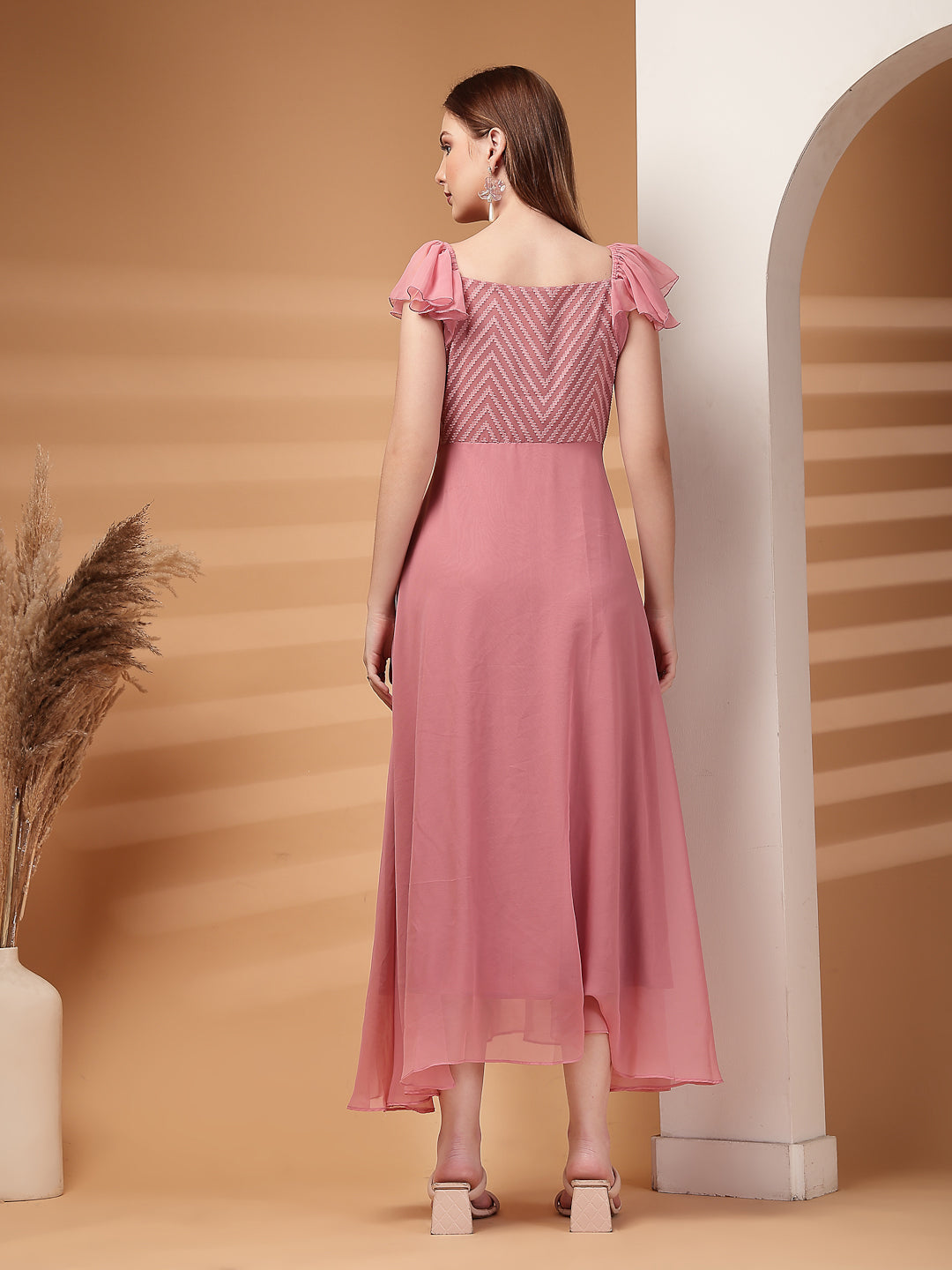 Georgette & Jhik-Jhak Long Dress with Sweetheart Neck