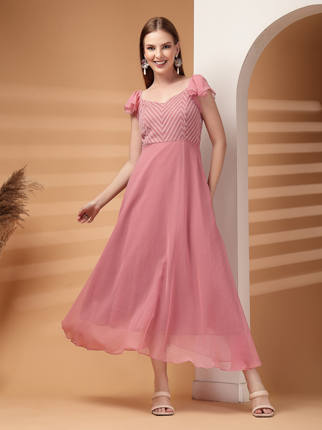 Georgette & Jhik-Jhak Long Dress with Sweetheart Neck