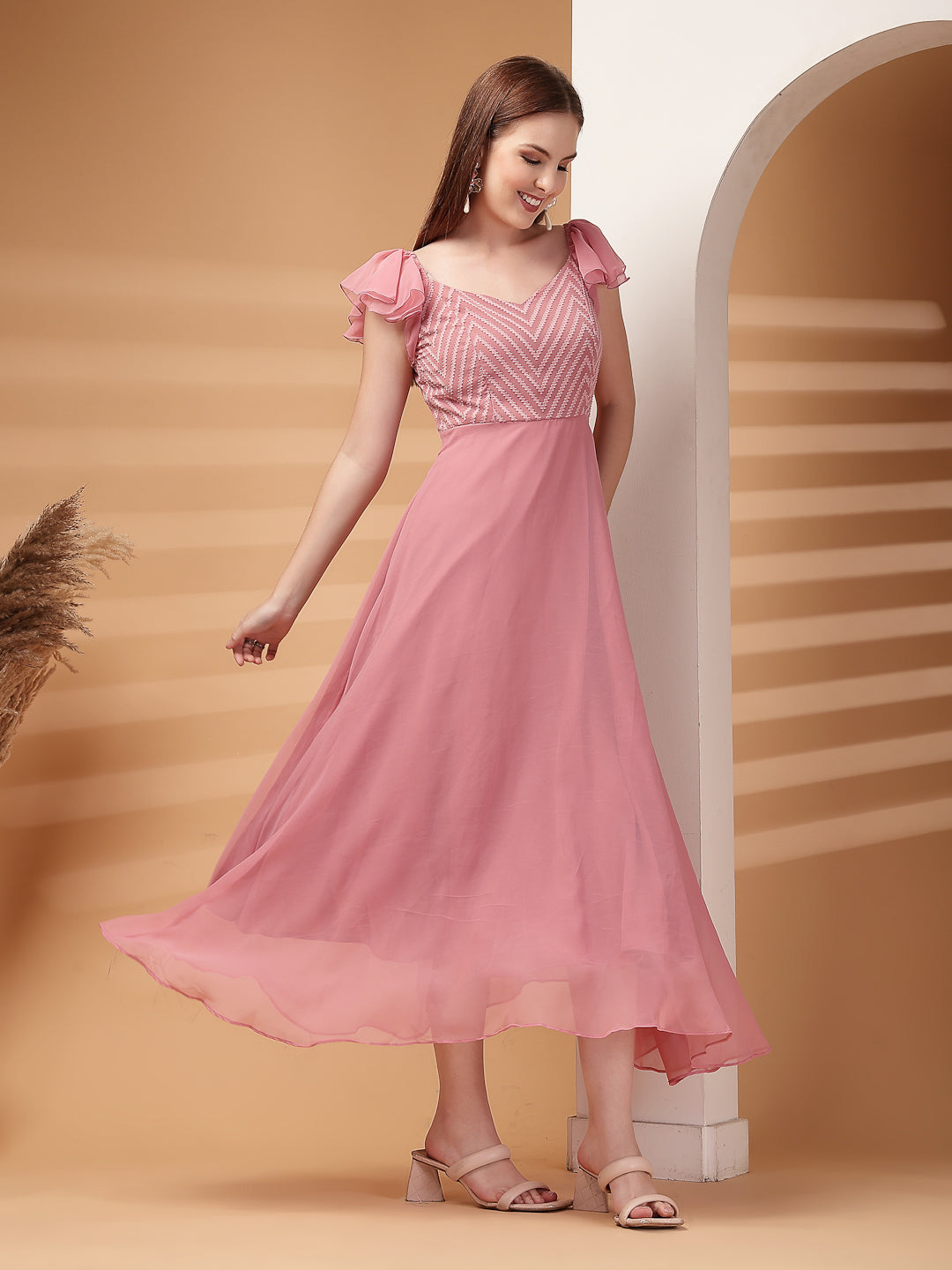 Georgette & Jhik-Jhak Long Dress with Sweetheart Neck