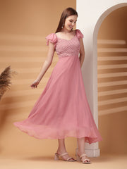 Georgette & Jhik-Jhak Long Dress with Sweetheart Neck