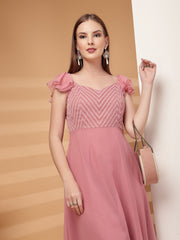 Georgette & Jhik-Jhak Long Dress with Sweetheart Neck