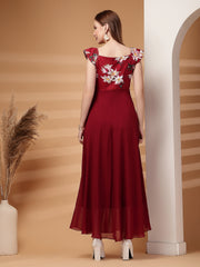 Georgette Floral Print Long Dress with Sweetheart Neck