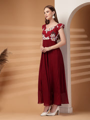 Georgette Floral Print Long Dress with Sweetheart Neck