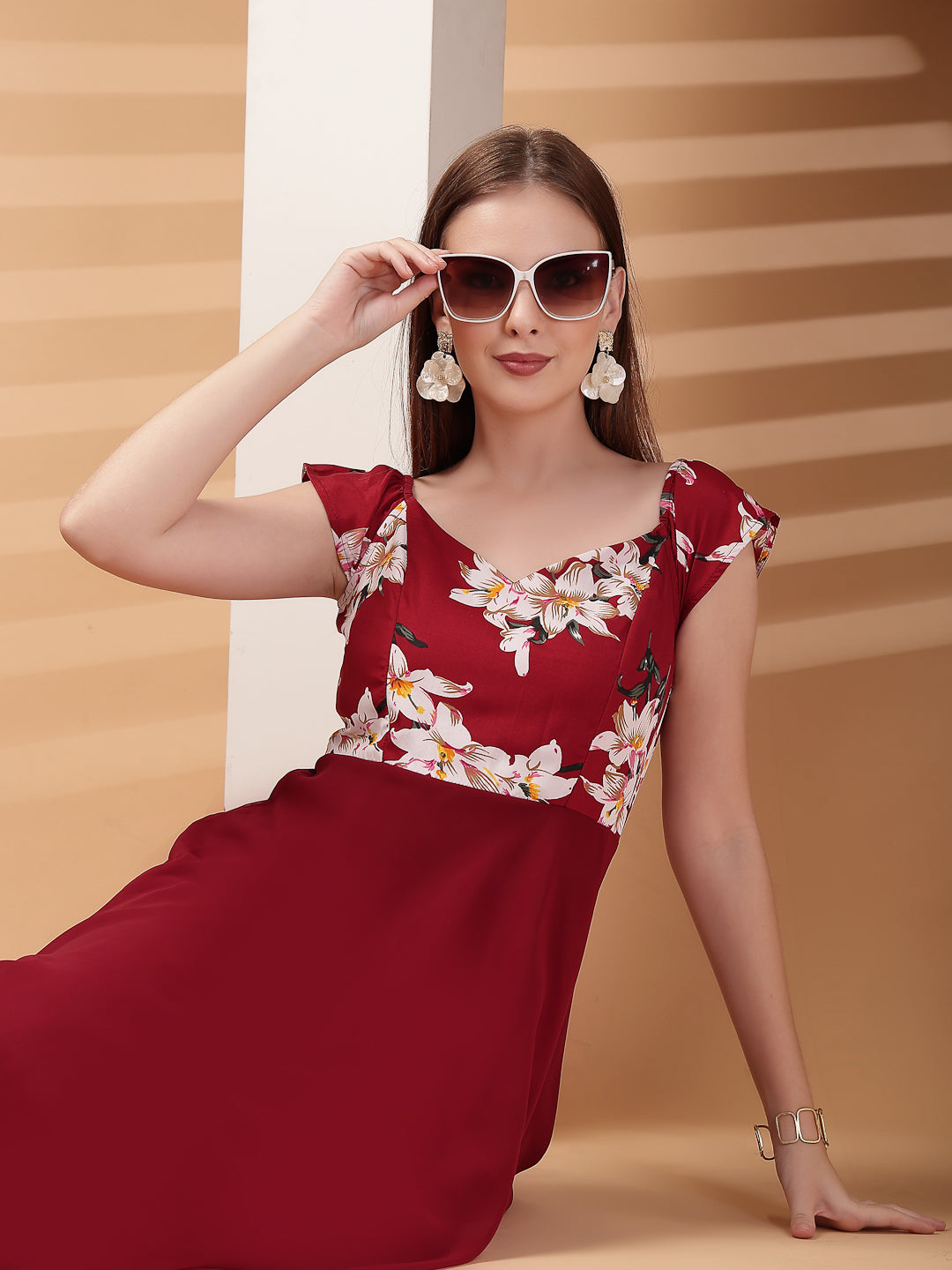 Georgette Floral Print Long Dress with Sweetheart Neck