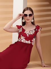 Georgette Floral Print Long Dress with Sweetheart Neck