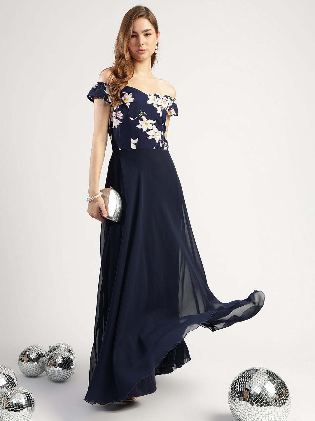 Navy Blue Floral Print Long Dress with Sweetheart Neck