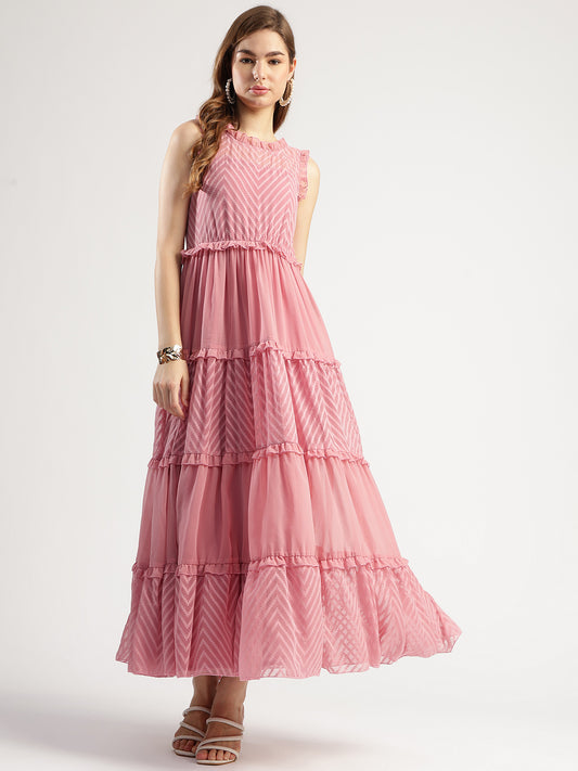 Women's Peach Tiered Long Dress with Chevron Pattern, Sleeveless