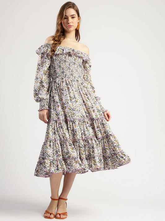 Off-Shoulder Floral Print Tiered Midi Dress, Multicolour