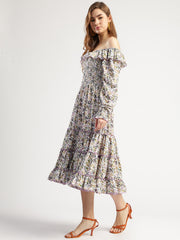 Off-Shoulder Floral Print Tiered Midi Dress, Multicolour