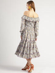 Off-Shoulder Floral Print Tiered Midi Dress, Multicolour