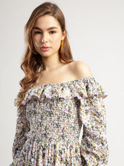 Off-Shoulder Floral Print Tiered Midi Dress, Multicolour
