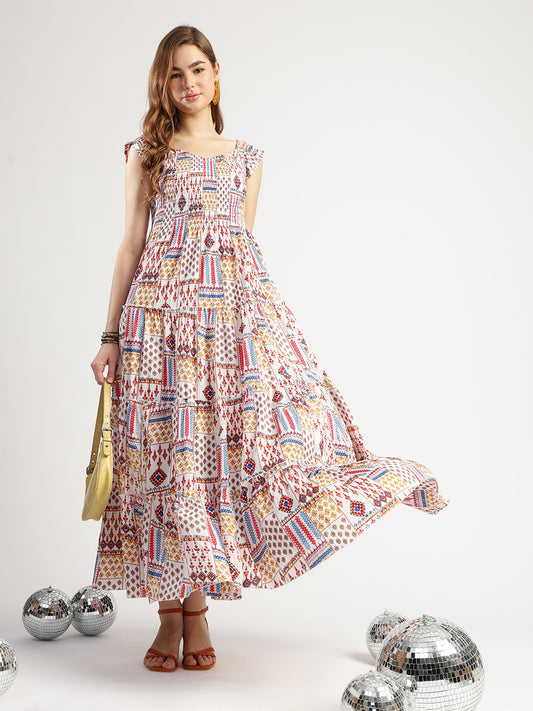 Boho Printed Sleeveless Maxi Dress for Women, Multicolour