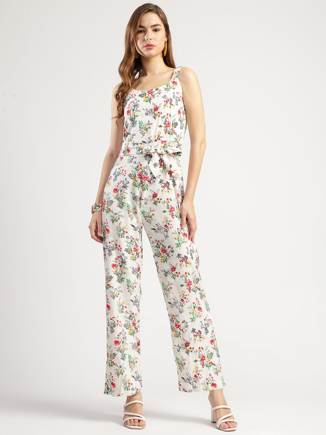 Women's Floral Print Sleeveless Jumpsuit with Belt, White