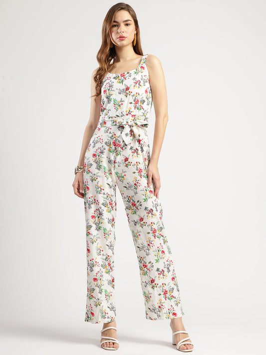 Women's Floral Print Sleeveless Jumpsuit with Belt, White