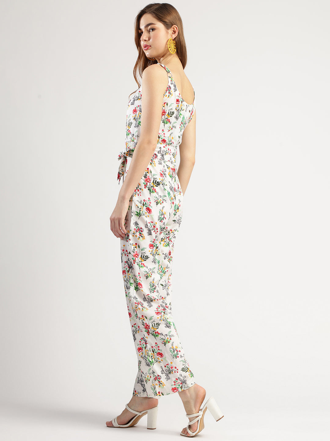 Women's Floral Print Sleeveless Jumpsuit with Belt, White
