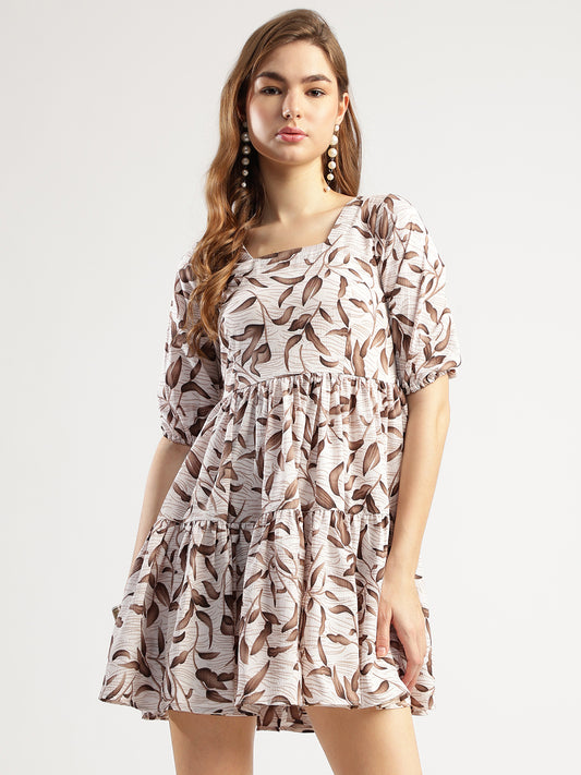 Women's Printed Half Sleeve Tiered Dress, Brown Leaf Pattern