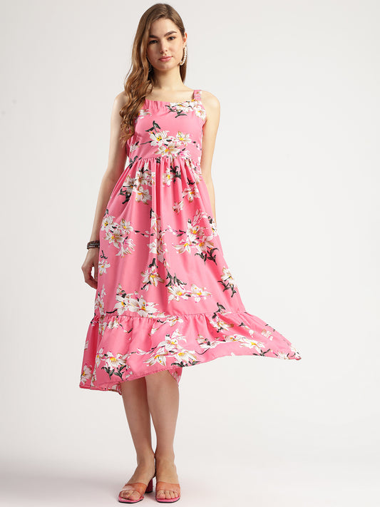 Women's Pink Floral Print Sleeveless Midi Dress with Ruffle Hem
