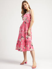 Women's Pink Floral Print Sleeveless Midi Dress with Ruffle Hem