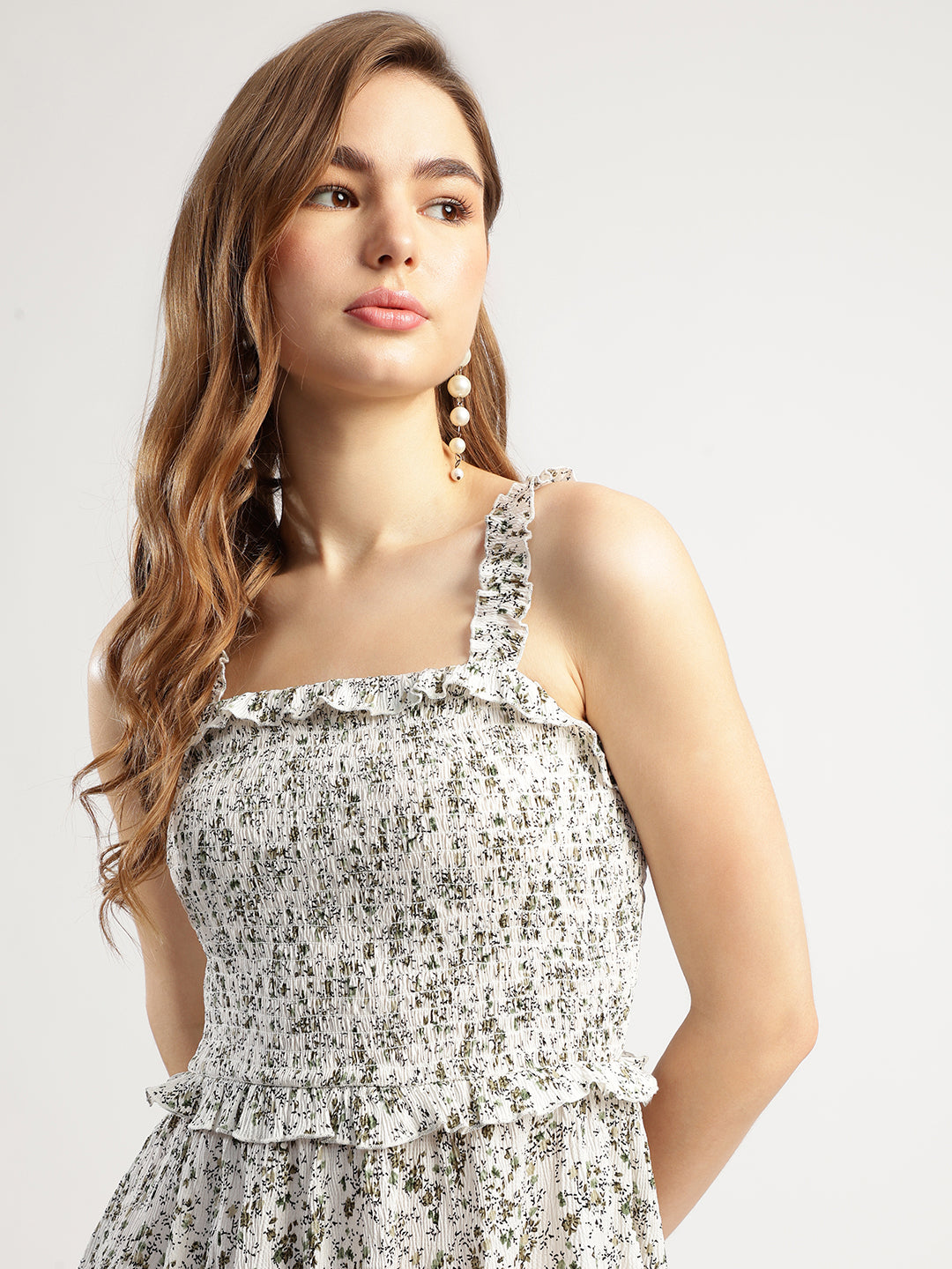 Floral Print with Smoking Sleeveless Dress for Women, Knee Length White Delta Print Dress