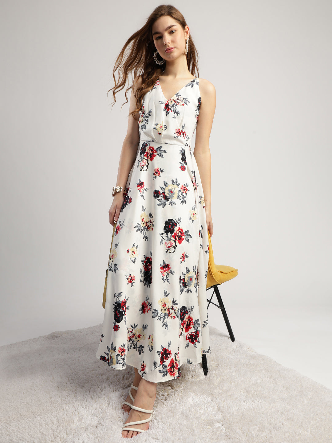 Women's Floral Print Maxi Dress, V-Neck, Sleeveless