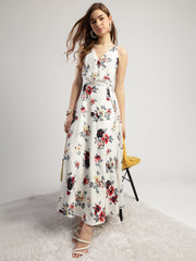 Women's Floral Print Maxi Dress, V-Neck, Sleeveless